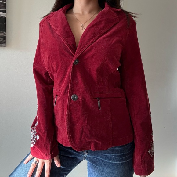 Y2K Red Velvet Embroidered Jacket Indie Fairy Grunge Cropped Blazer - Picture 5 of 10
